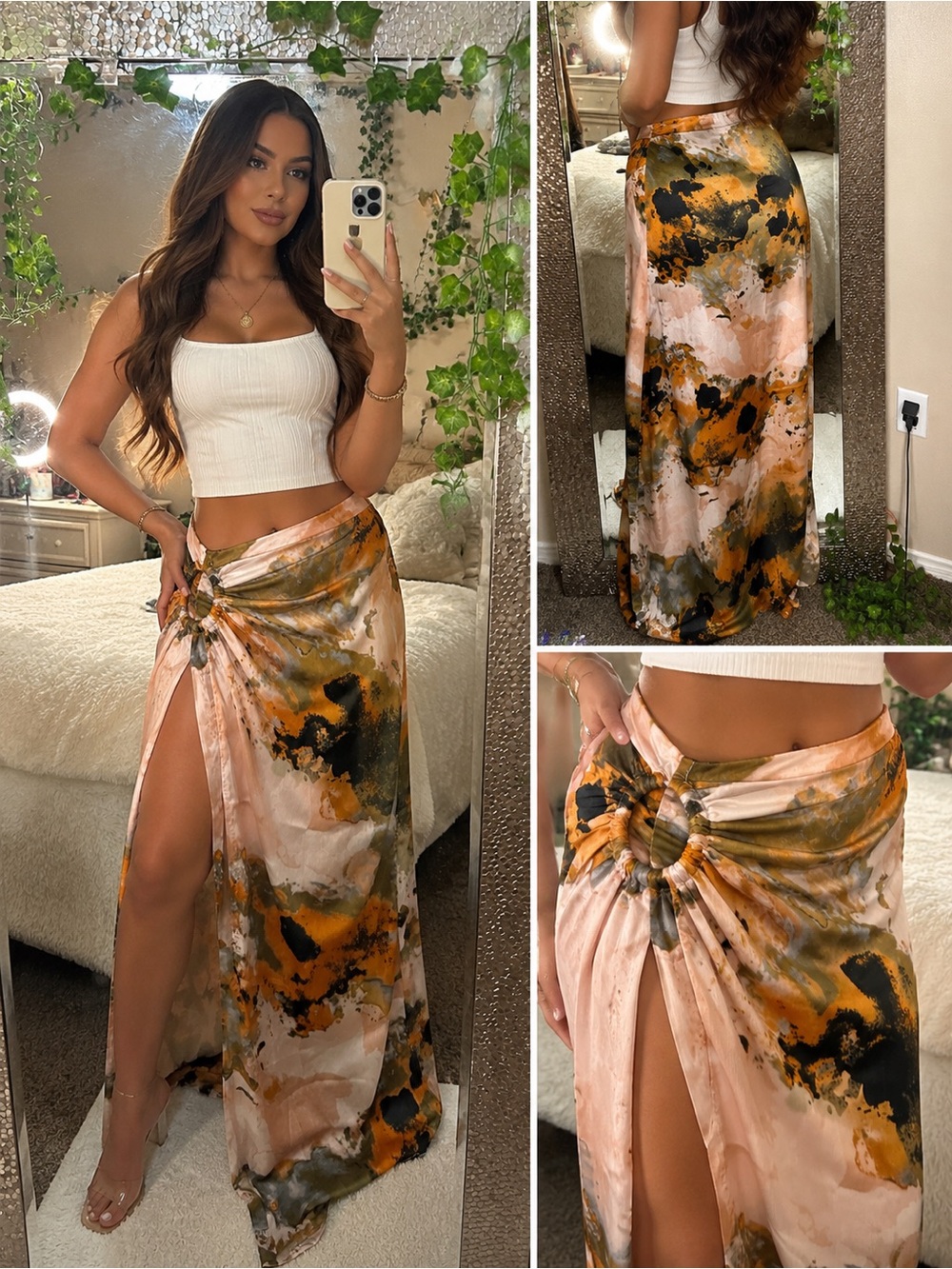 ✨Satin Marble Print High Slit Maxi Skirt NWT ✨